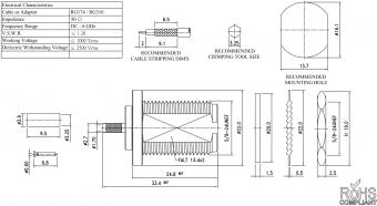 Разъем ВЧ N-female bulkhead (RG-316, RG-174), пайка/обжим N-20L-2-TGN