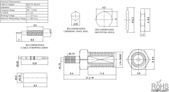 Разъем ВЧ SMA-female bulkhead для кабелей (RG-316, RG-174), пайка/обжим SMA-15L-TGG