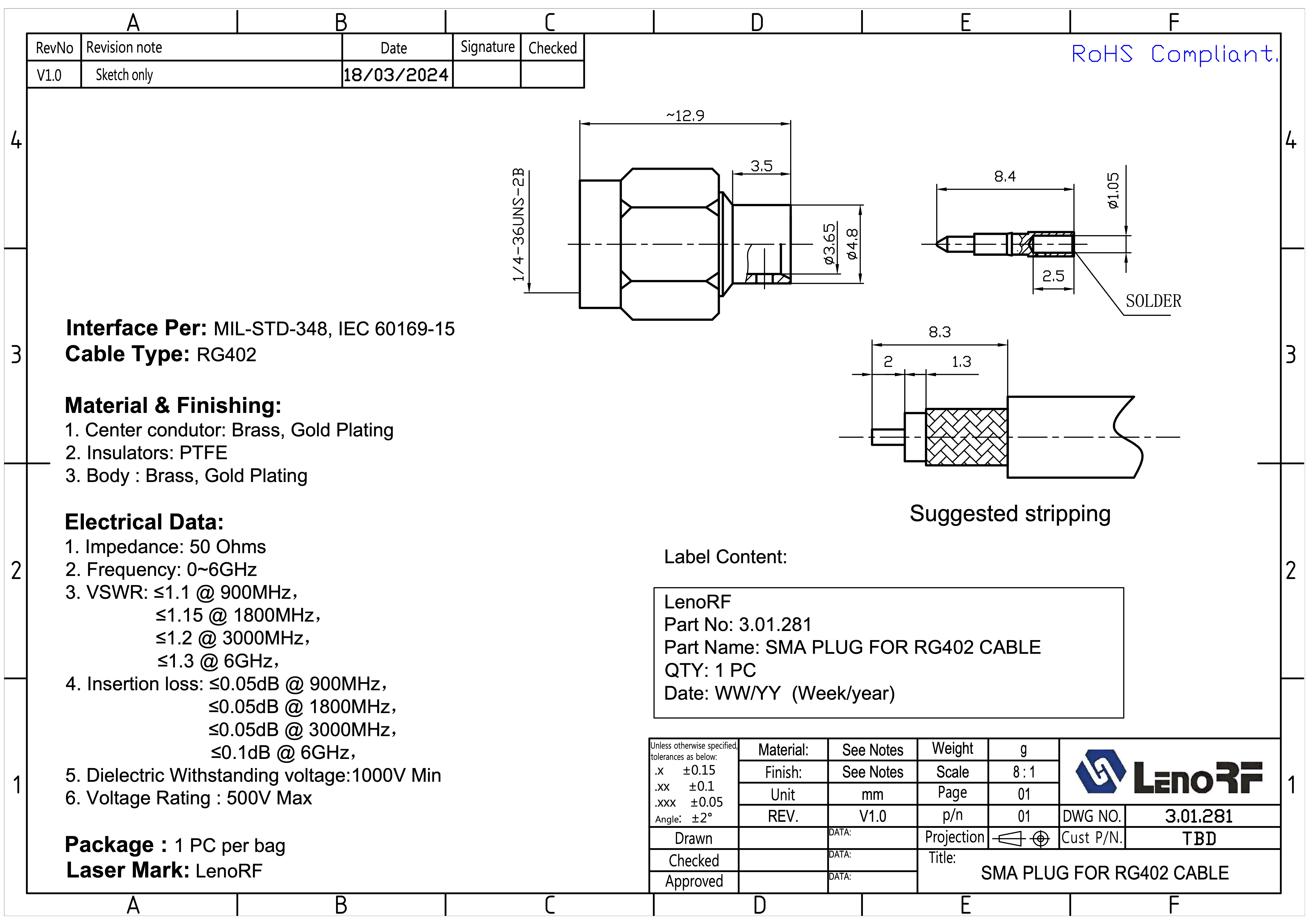 Роз'єм ВЧ SMA-male (RG-402, SSF-141, Flexiform 402, Kingsignal 670-141SXE), паяння/паяння 3.01.281
