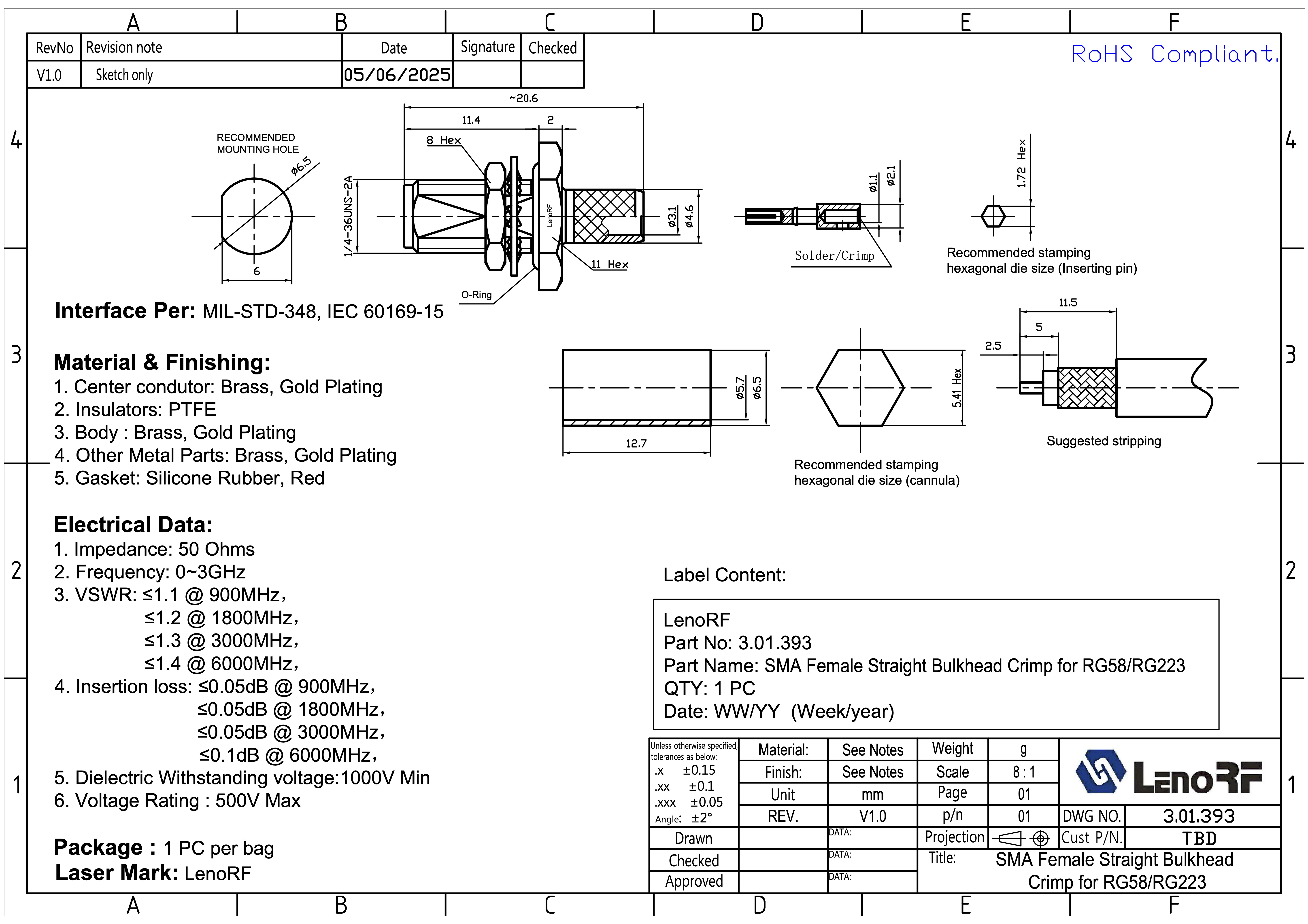 3.01.393-SMA-Female-Straight-Bulkhead-Crimp-for-RG58-RG223