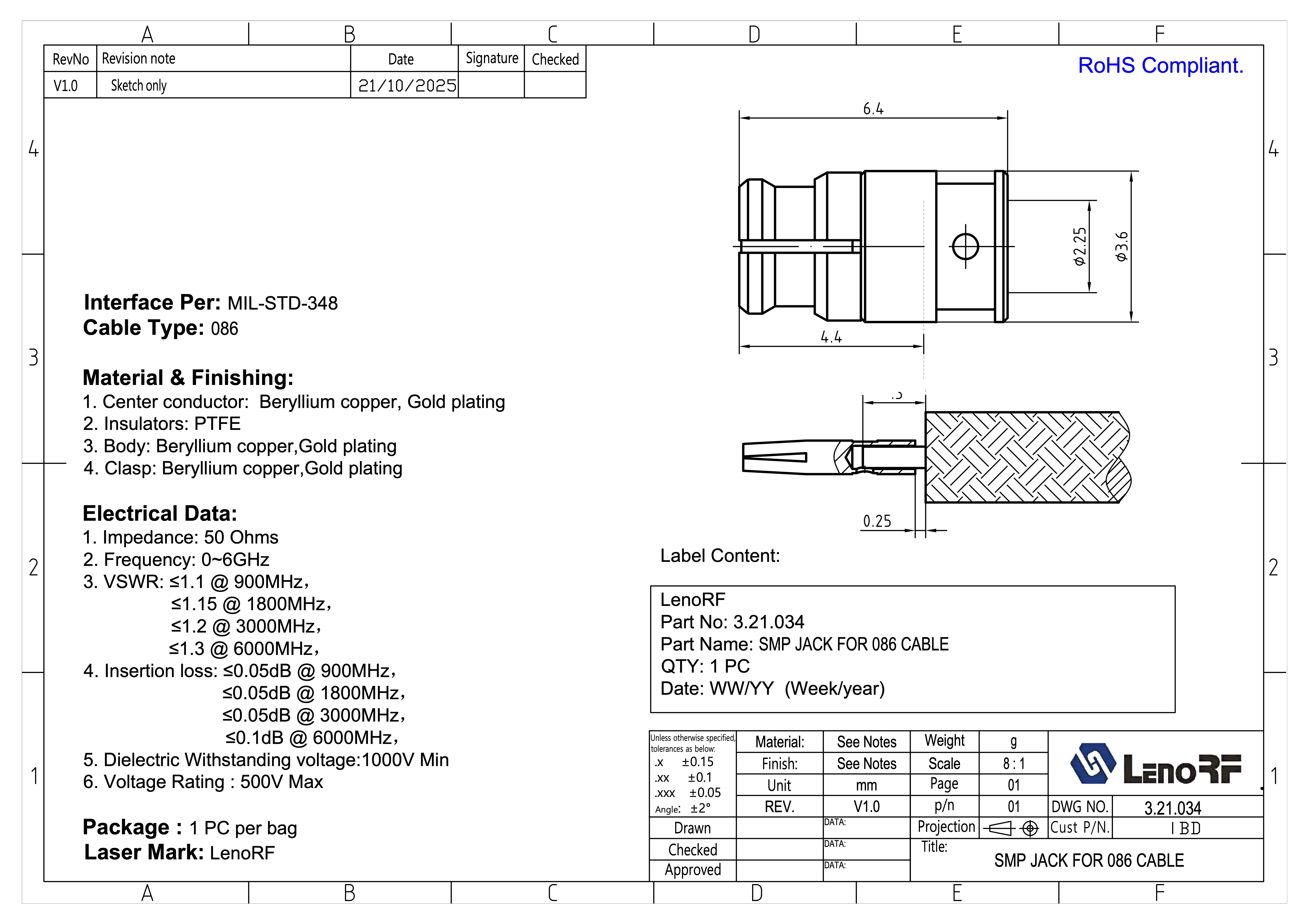 SMP-female для кабеля 0.086