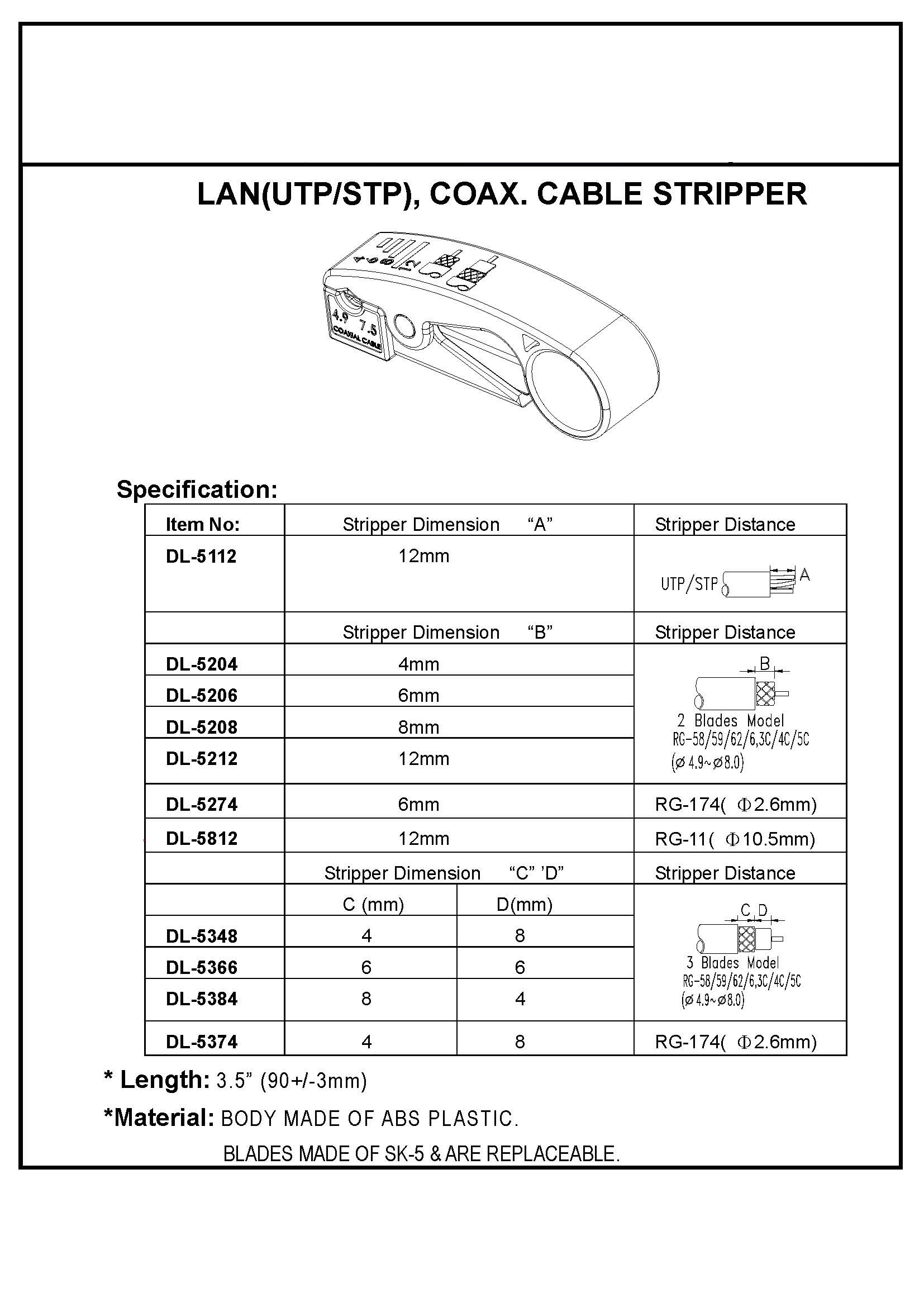 Стриппер для коаксіального кабелю RG58, RG59, RG62, 6.3C, 4C, 5C (&Oslash;4.9-8 мм) DL-5206